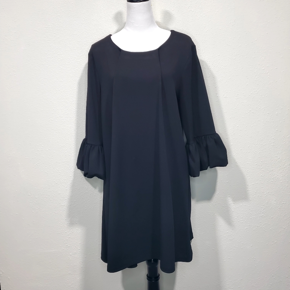 Nina Leonard Black Trapezoid Dress with 3 quarter Poet Sleves Size XL
